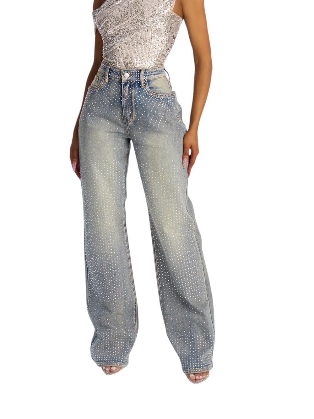 Fashion Nova Women's Washed Gray Rhinestone  Jeans